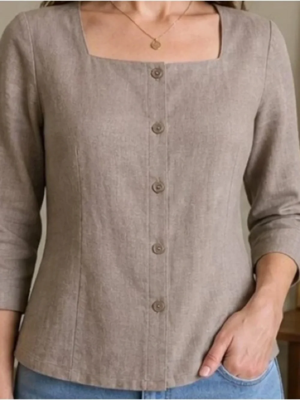 Classic Square-Neck Button Front Top in Taupe - Picture 1 of 3